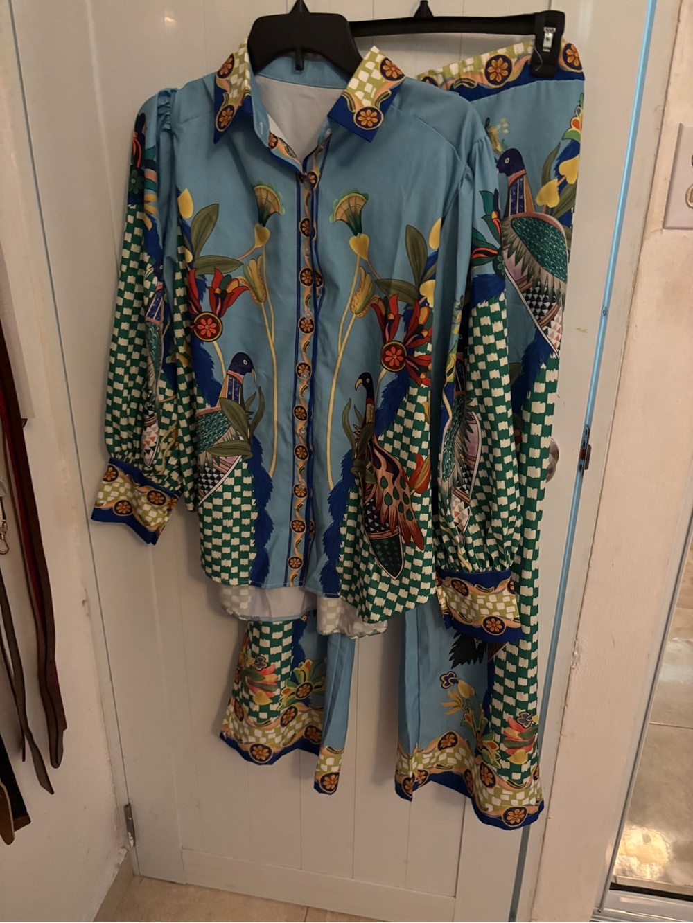 Light Blue Floral-Print Women's Jacket & Pants Set